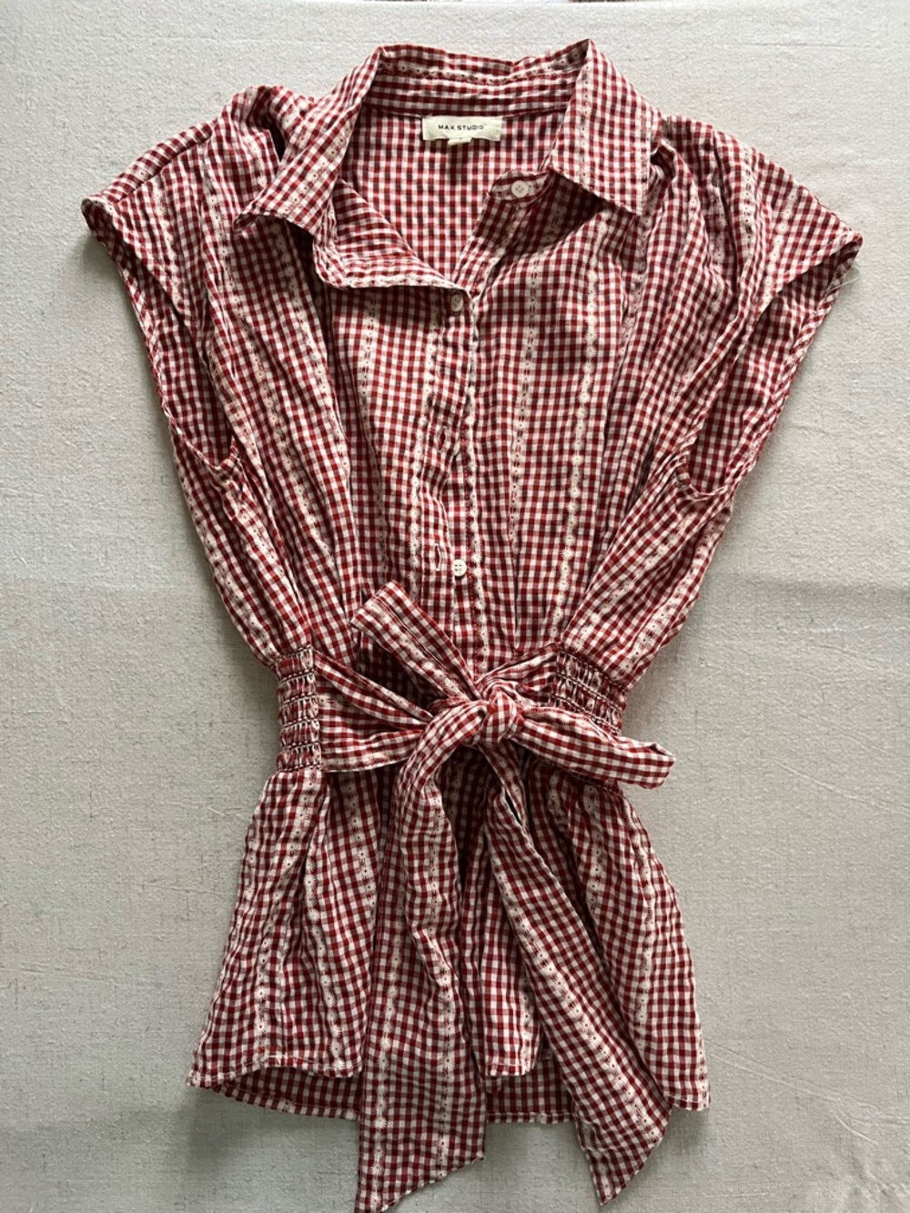 Max Studio Red & White Gingham Eyelet Button-Down Top
